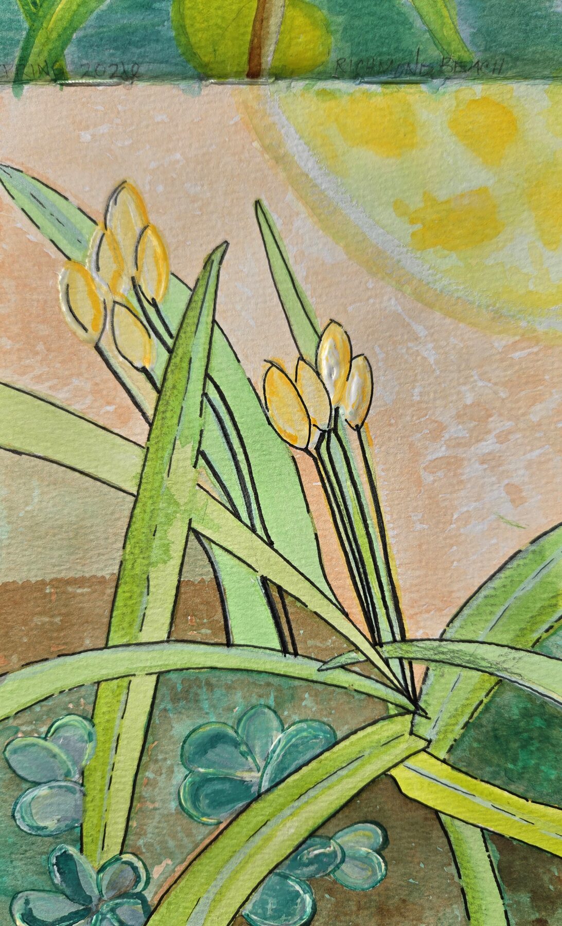 Watercolor of yellow buds and teal flowers among long green leaves under a low sun