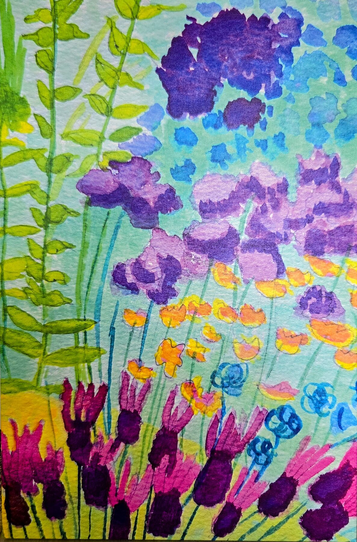 Dense watercolor meadow of purple, orange, pink and blue blooms rising through green stems on a teal ground