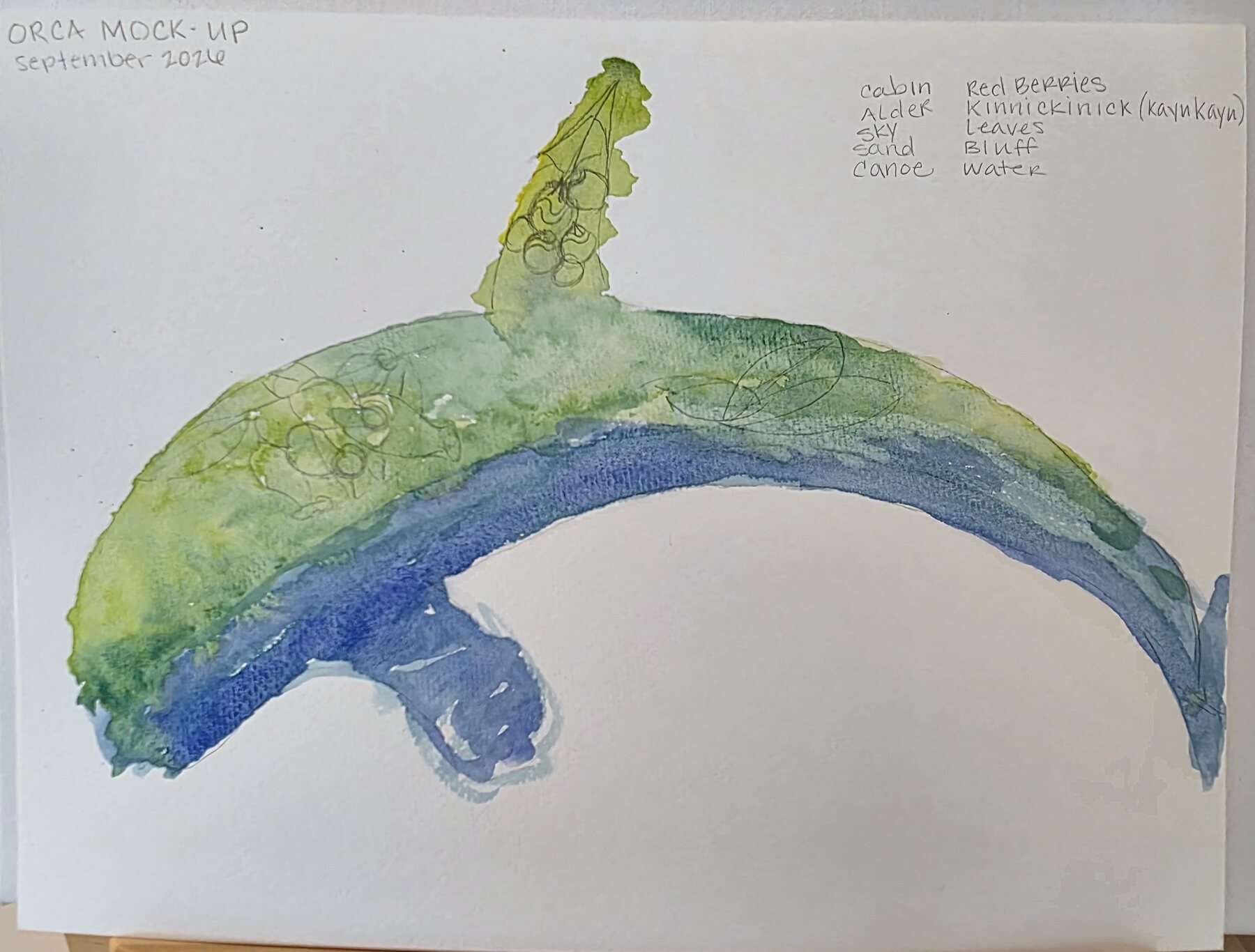 Earlier working mock-up in pencil and wash, green bluff fading into blue water with kinnikinnick sketched over it